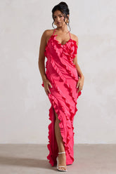 Hot Pink V-Neck Ruffle Maxi Dress